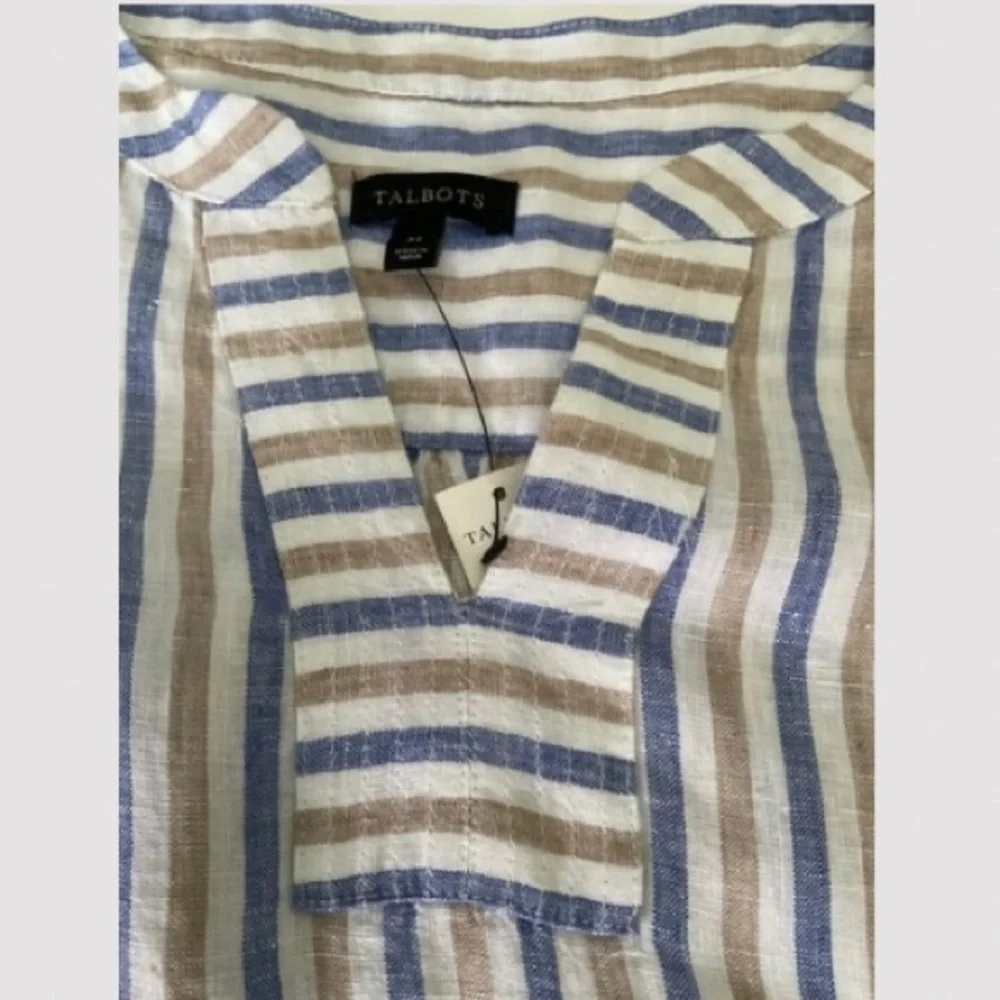 Talbots Sleeveless Linen Lace-up V-neck Top Blue, White & Tan Striped Size M NWT - Picture 5 of 10